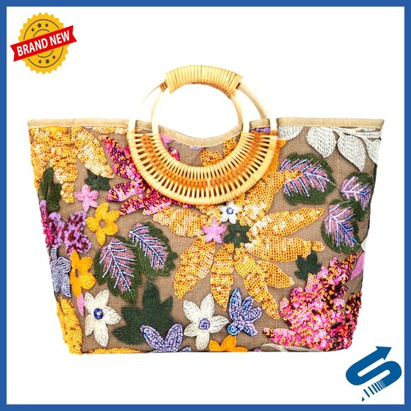 Handbags - Handmade Rattan Wood Handle Sequin Embroidered Floral Tote Beach Bag